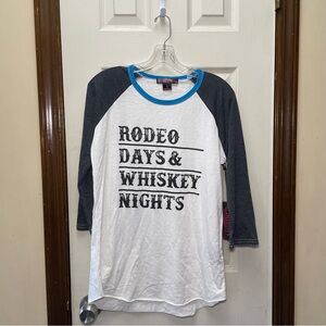 Rock & Roll Cowgirl "Rodeo Days & Whiskey Nights" baseball t-shirt.